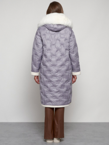 Пальто утепленное с капюшоном зимнее женское серого цвета 132290Sr