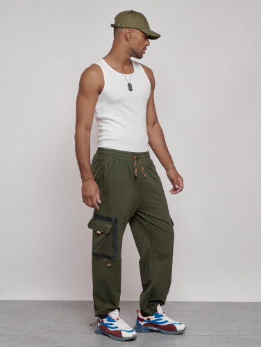 Широкие спортивные брюки трикотажные мужские цвета хаки 12908Kh