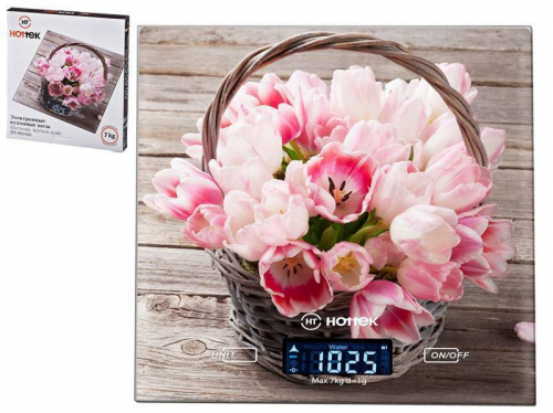 Весы кухонные электронные HOTTEK HT-962-023 7кг Розовые тюльпаны арт. 962-023