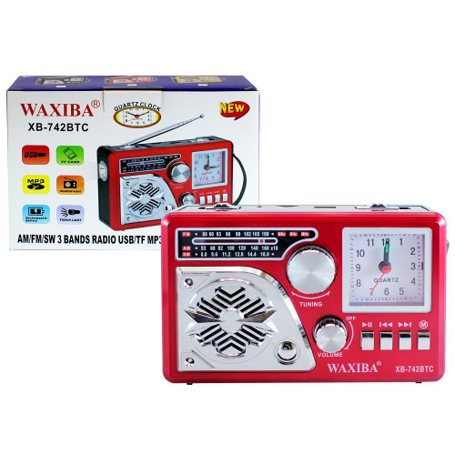Приемник WAXIBA XB-742BTC AM/FM/SW USB/SD, Bluetooth, часы, фонарь, аккум 3.7V тип 18650 191924 арт.50 556