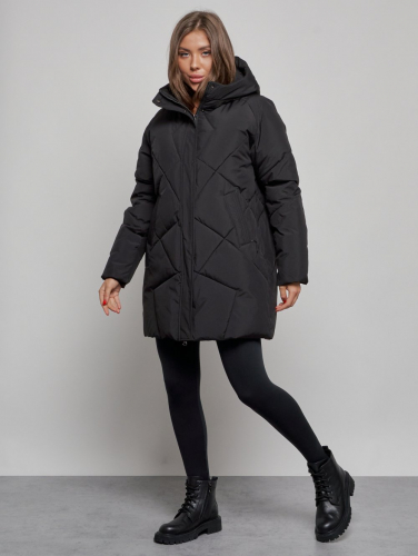 Зимняя женская куртка модная с капюшоном черного цвета 52361Ch