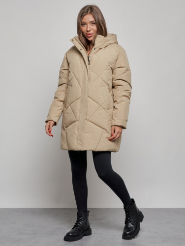Зимняя женская куртка модная с капюшоном светло-коричневого цвета 52361SK