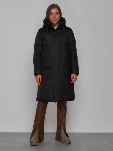 Пальто утепленное молодежное зимнее женское черного цвета 52331Ch