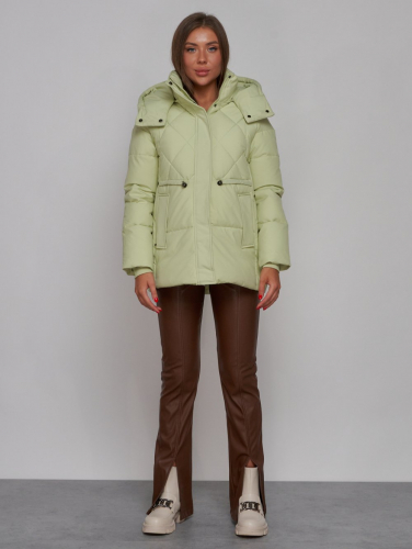 Зимняя женская куртка модная с капюшоном салатового цвета 52302Sl
