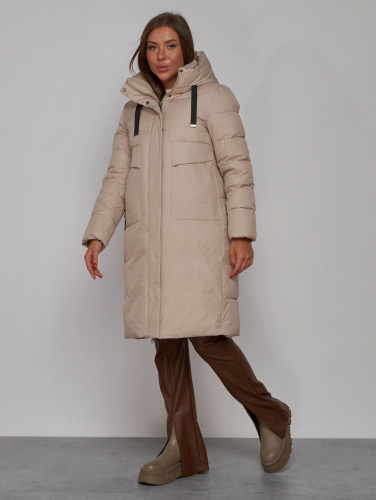 Пальто утепленное молодежное зимнее женское бежевого цвета 52331B
