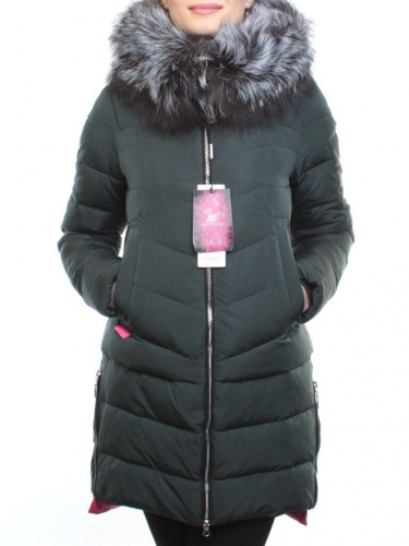 163-096 DK. GREEN Пальто зимнее женское (холлофайбер, натуральный мех чернобурки) размер 42