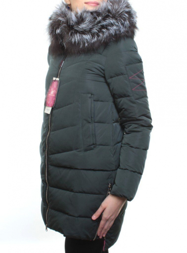 163-096 DK. GREEN Пальто зимнее женское (холлофайбер, натуральный мех чернобурки) размер 42