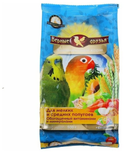 Верные друзья корм для мелких и средних попугаев, обогащенный витаминами и минералами (пакет), 500 г