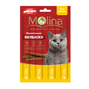 Molina Жевательные колбаски для кошек Курица и печень, 4 шт. по 5 г