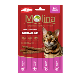 Molina Жевательные колбаски для кошек Курица и утка, 4 шт. по 5 г