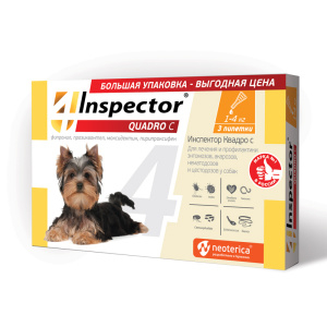 Inspector Quadro Капли от внешних и внутренних паразитов для собак 1-4 кг, 3 пипетки