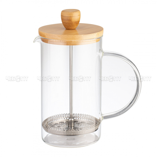 Чайник / кофейник френч-пресс 600 мл LARA жаропрочное стекло, корпус пластмассовый, стальной фильтр, крышка-бамбук арт. LR06-52-600 [12]