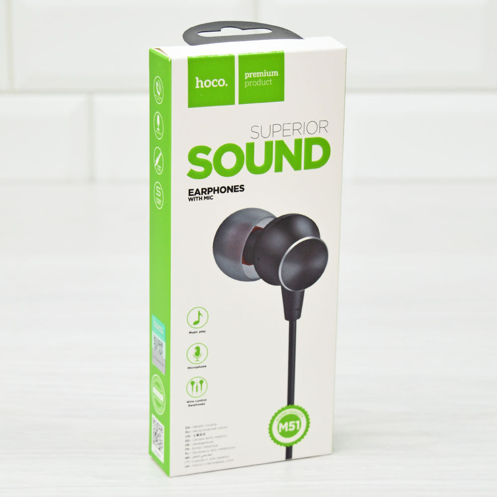 Наушники внутриканальные HOCO M51 Proper sound, микрофон, кнопка ответа, кабель 1,2м, черный