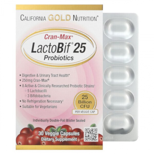 California Gold Nutrition, Lactobif, Cran-Max, пробиотики, 25 млрд КОЕ, 30 растительных капсул