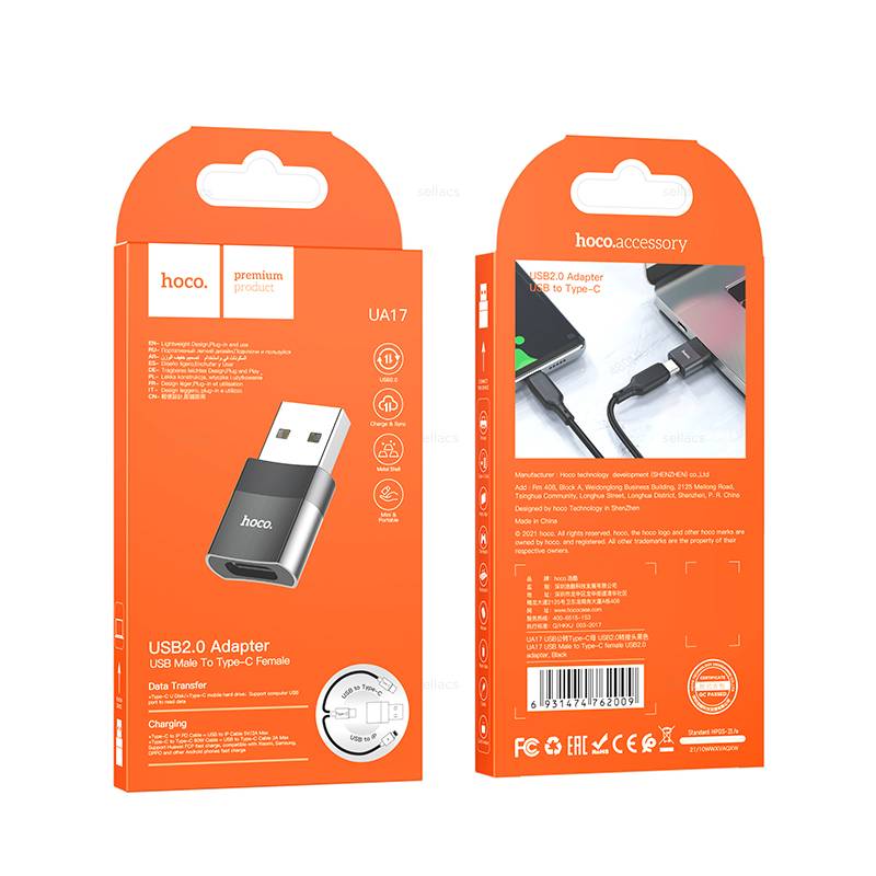Переходник Type-C(гн), USB A(шт), Hoco UA17, USB 2.0, металл., черный.