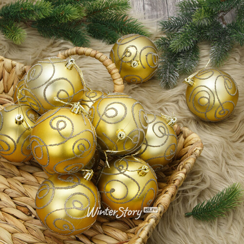 Набор пластиковых шаров Блестящий Пируэт 8 см золотой, 12 шт (Kaemingk)