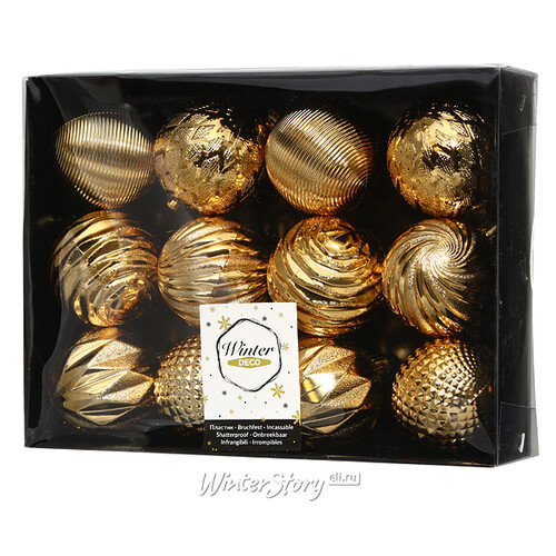 Набор пластиковых шаров Etude 6 см, 12 шт, золотой (Winter Deco)