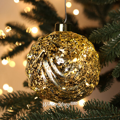 Светящийся елочный шар Леннарт 12 см золотой, 5 теплых белых LED ламп, на батарейках (Kaemingk)