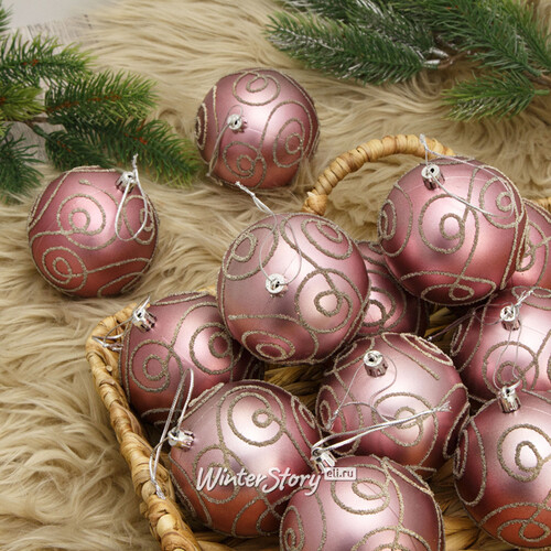 Набор пластиковых шаров Блестящий Пируэт 8 см розовый бархат, 12 шт (Kaemingk)