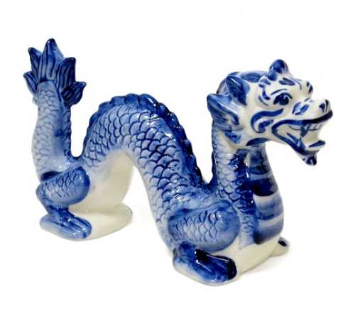 Дракон Китайский большой, гжель синяя авторская, ЕЛ