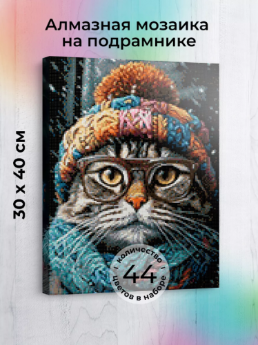 Алмазная мозаика на подрамнике: Зимний кот, 30х40