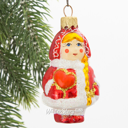 Стеклянная елочная игрушка Снегурочка - Снежная принцесса в красном 9 см, подвеска (Коломеев)