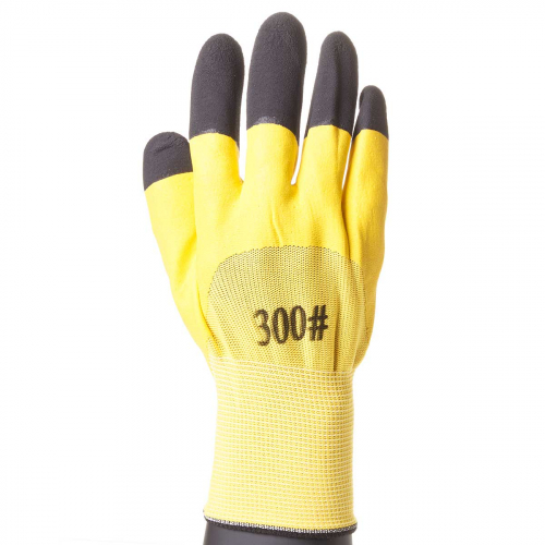 Перчатки нейлоновые с полиуретановым покрытием покрытием, желтые с черными пальцами NA2334(12)