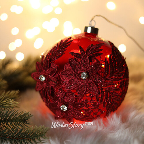 Светящийся елочный шар Gelemary 15 см, 30 теплых белых LED ламп, рубиновый, на батарейках, стекло (Koopman)