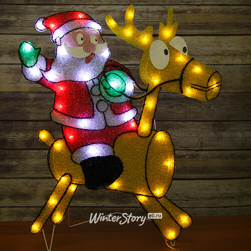 Светящееся панно Санта на олене 61*67 см, холодные белые LED, на подставке, IP44 (Snowhouse)