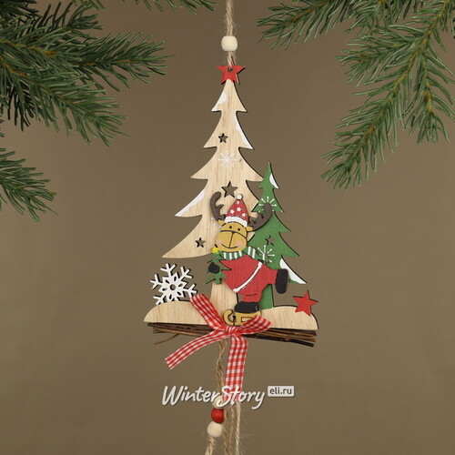 Декоративное деревянное украшение Ёлочка с оленями - Кантри 43 см, подвеска (Breitner)