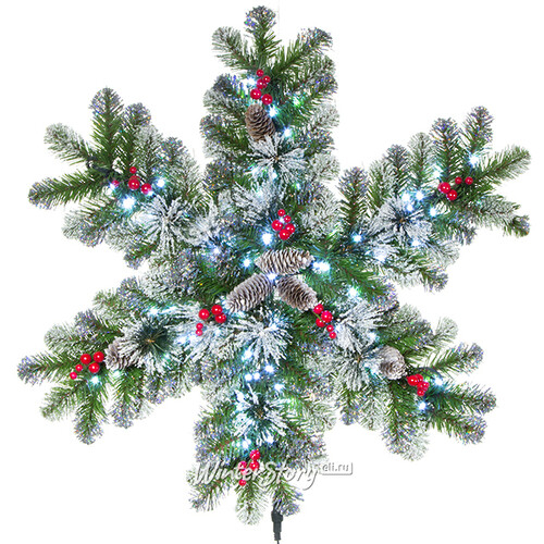 Хвойная снежинка с лампочками Фьюжн Кристальная с ягодами и шишками 70 см, ЛЕСКА + ПВХ (Царь Елка)