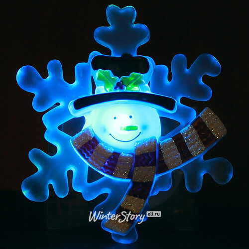 Светящееся украшение на присоске Снежинка - Снеговик в шарфе 9 см, RGB на батарейке (Snowhouse)