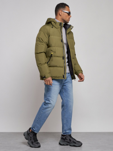 Куртка спортивная болоньевая мужская зимняя с капюшоном цвета хаки 3111Kh