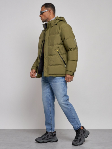 Куртка спортивная болоньевая мужская зимняя с капюшоном цвета хаки 3111Kh
