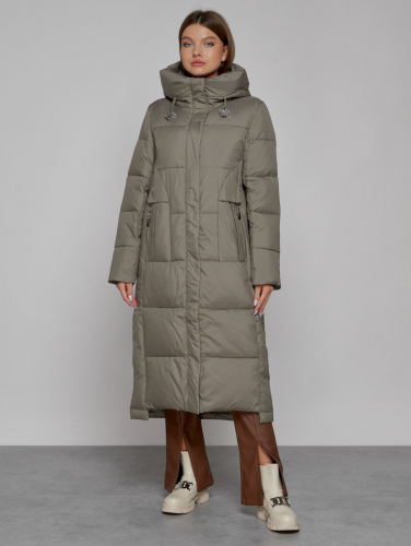 Пальто утепленное с капюшоном зимнее женское цвета хаки 51156Kh