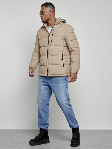 Куртка спортивная мужская зимняя с капюшоном бежевого цвета 8362B