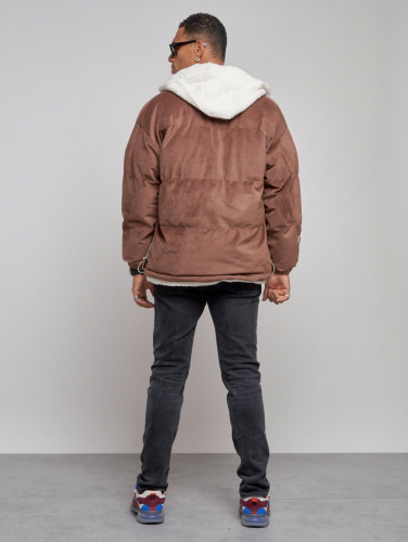 Плюшевая куртка мужская с капюшоном молодежная коричневого цвета 28117K