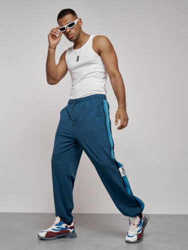 Широкие спортивные штаны трикотажные мужские синего цвета 12903S