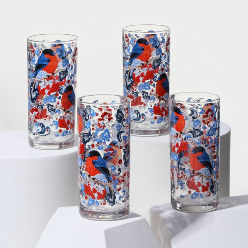 Набор стаканов «Снегири», стеклянный, 300 мл, 4 шт