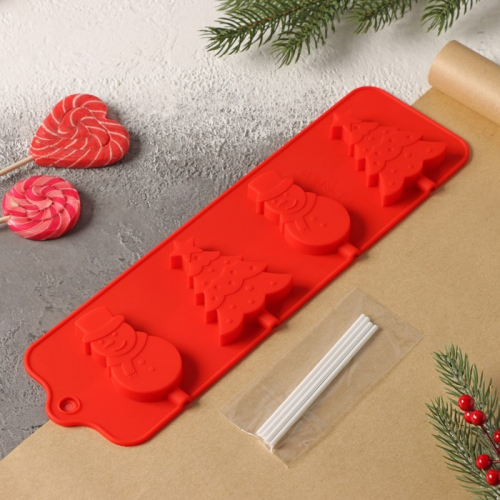 Форма силиконовая для леденцов Доляна «Новый год», 31×9 см, 4 ячейки, с палочками, цвет красный