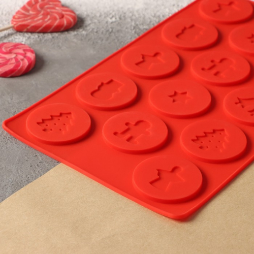 Форма силиконовая для льда и шоколада Доляна «Новогодние кружочки», 29,8×17,5 см, 14 ячеек (d=5 см), цвет красный