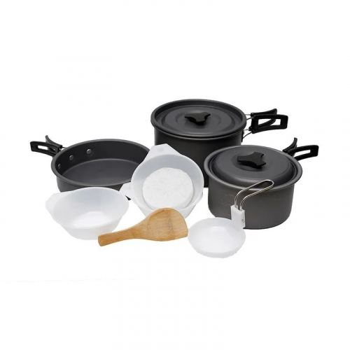 Набор посуды анодир.алюм(сковор+2котелка+3 тарелки11см,половник,лопатка,крышка,губка)(12-003)