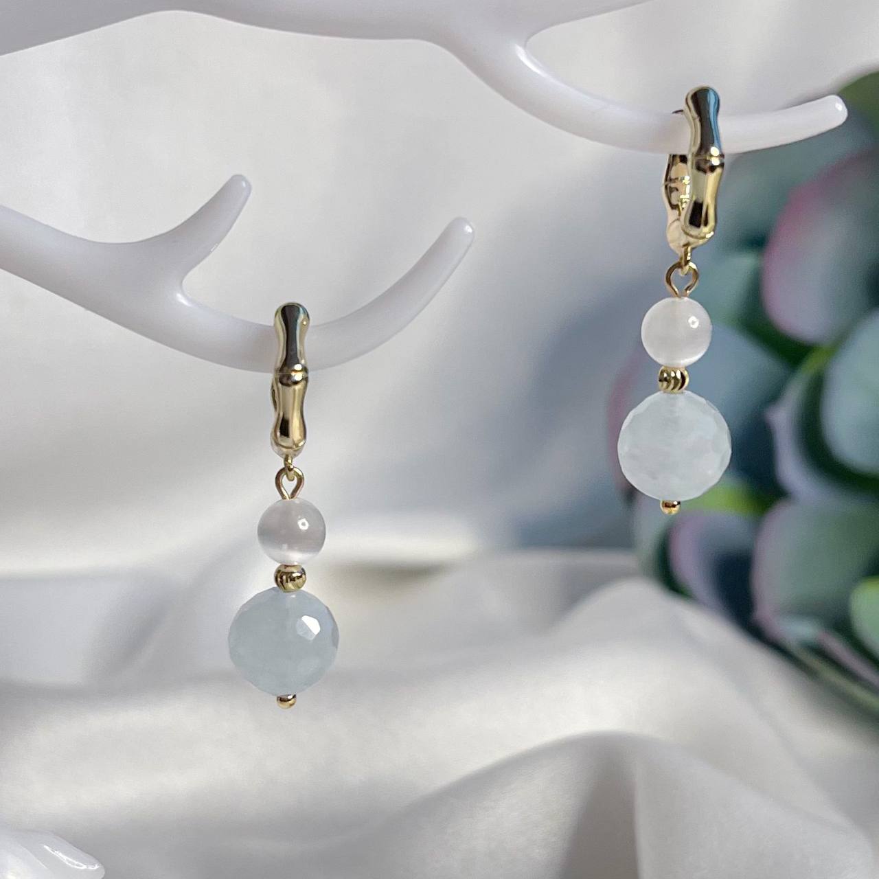 Радуга Самоцветов Серьги двойные из Аквамарина и Селенита