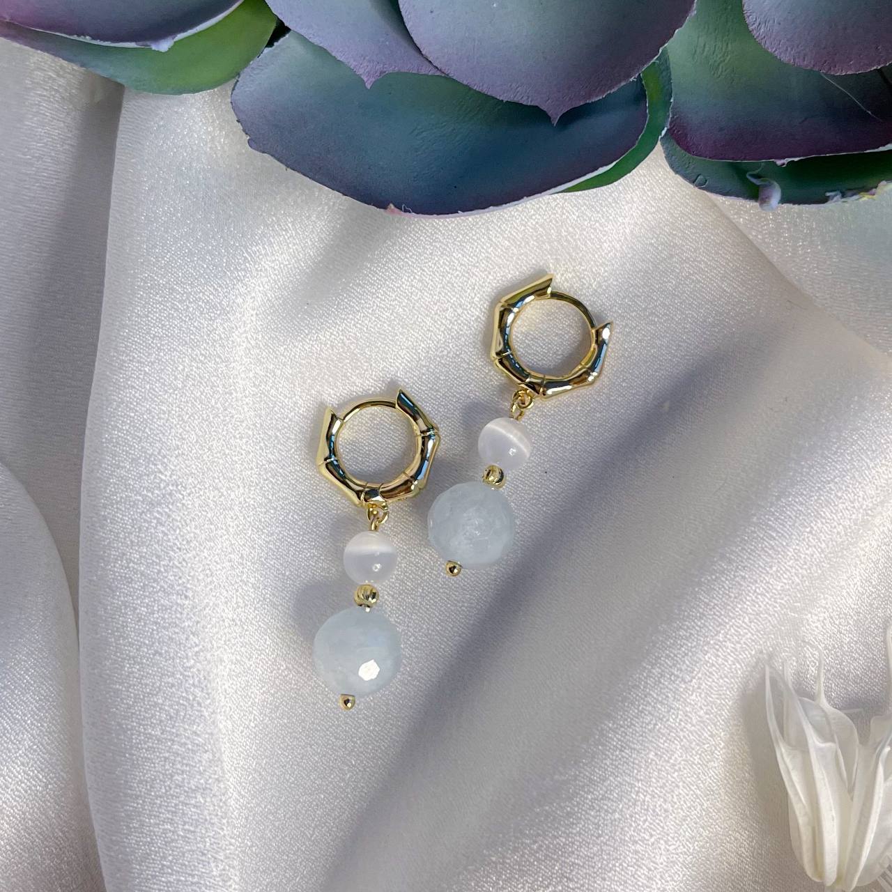 Радуга Самоцветов Серьги двойные из Аквамарина и Селенита