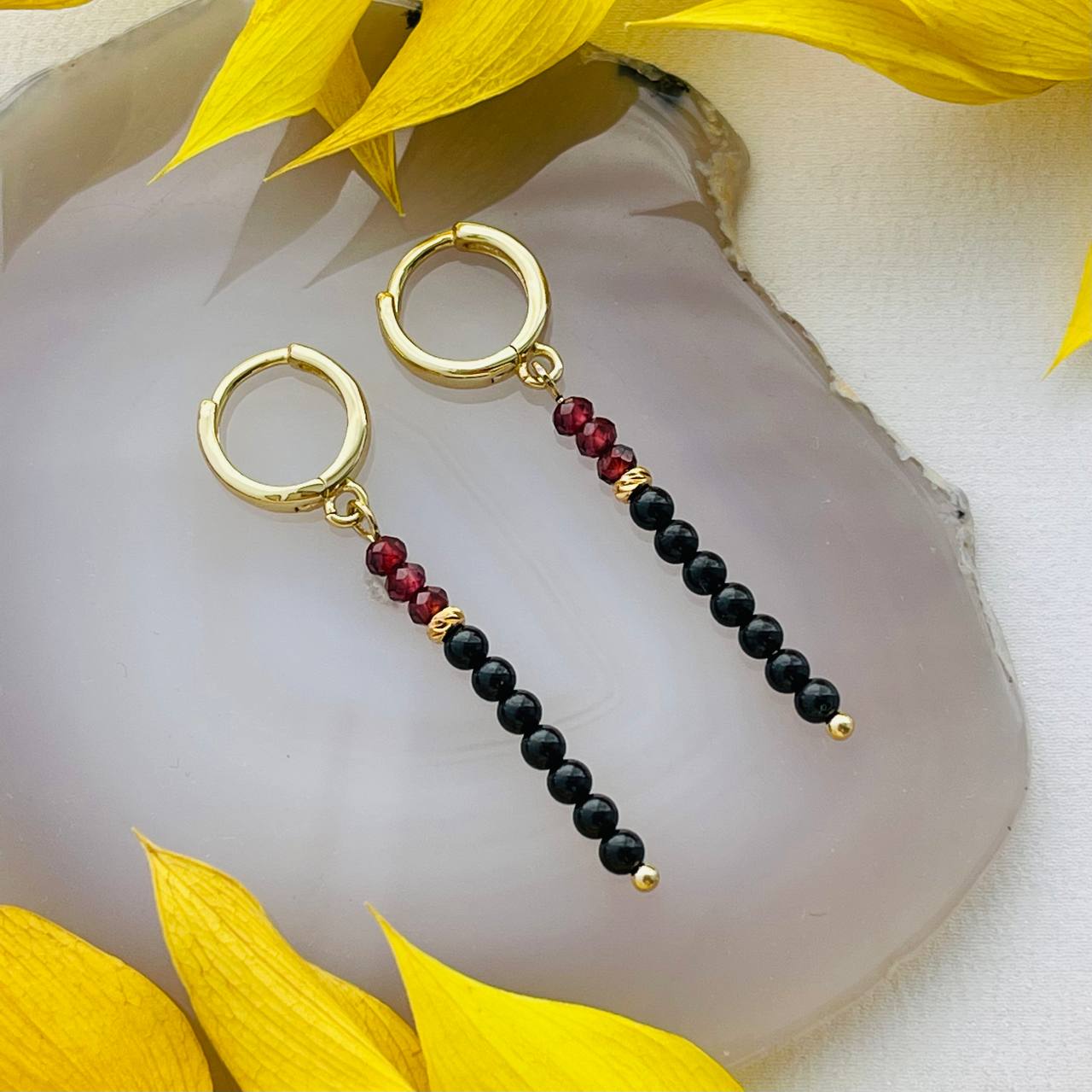 Радуга Самоцветов Серьги длинные из черного Турмалина и Граната