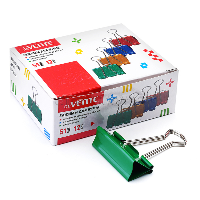 Зажим для бумаг металлический (51 мм) толщина скрепления до 21,5 мм, цветной ассорти, 12 шт в картонной коробке
