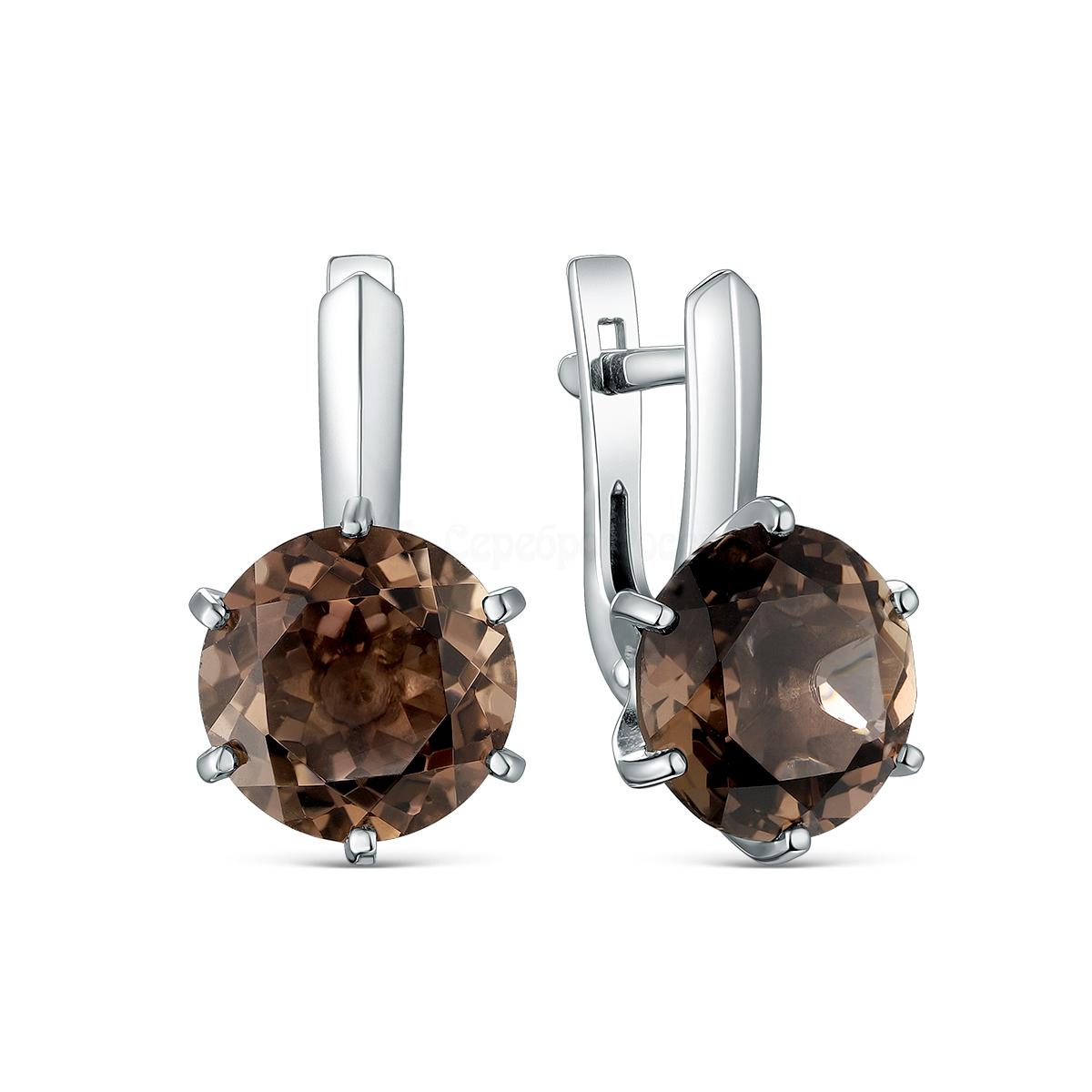 Серьги из серебра с натуральным раухтопазом родированные 925 пробы С-0103-08-06