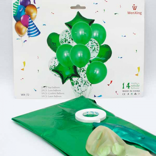 Набор шаров 14шт. (шар фольгированный 4шт+10 обычных+лента) цвет-зелёный