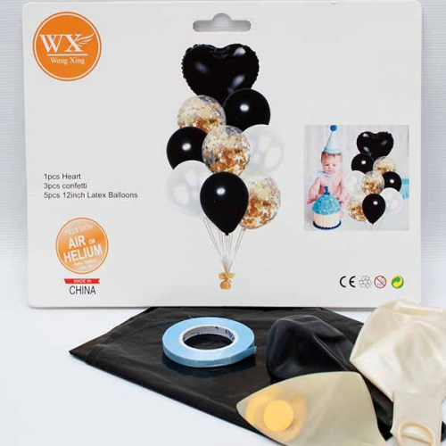 Набор шаров 9 (шар фольгированный 1шт+8 обычных+лента) цвет-чёрный/прозрачный с золотом