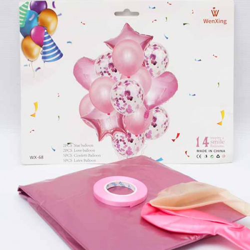 Набор шаров 14шт. (шар фольгированный 4шт+10 обычных+лента) цвет-розовый